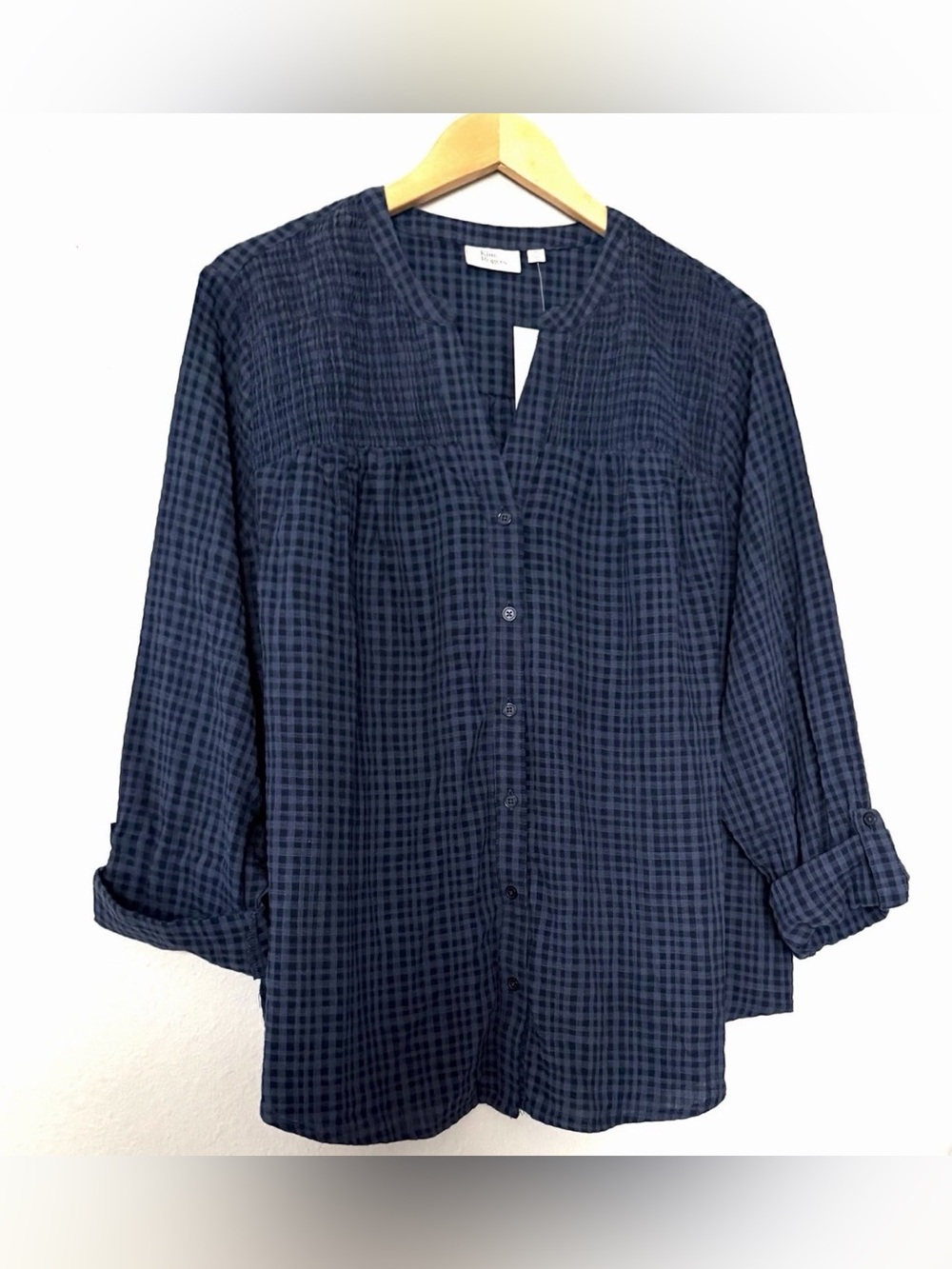 NWT Kim Rogers Women’s Gingham Navy Smocked Button-front Top Relaxed Fit Size 1X
